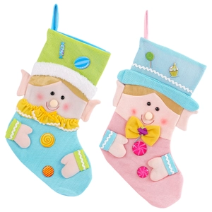 Cute elf-style Christmas stockings with candy buttons on a clean white background