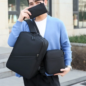 Three-piece black Oxford fabric men's backpack set with shoulder bag and small clutch