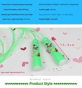Detail view of colorful LED jump rope showing 215cm length and plastic handle parameters