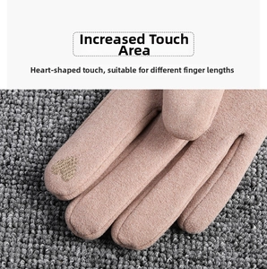 Detail of warm thermal gloves showing heart-shaped touch screen embroidery on fingertips