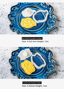 Detail of 4.5cm mini cookie cutters showing cat and fish shapes in a ceramic plate