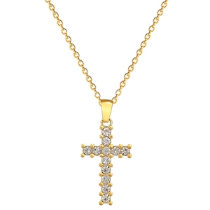 Titanium steel cross pendant necklace with zircon crystals on a minimalist gold chain