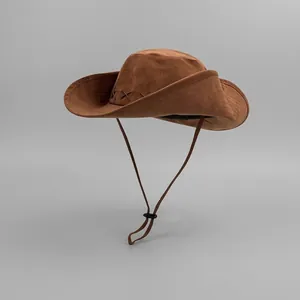 Western Cowboy Hat Bucket Hat Suede Texture High Sun Protection Adjustable Wind Rope Outdoor Hiking Safari Style