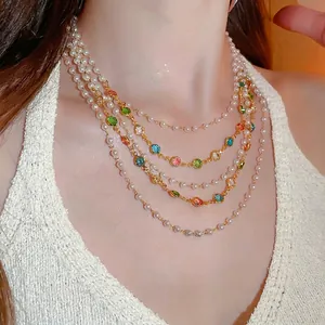 Multi Layered Necklace For Women With Imitation Artificial Pearl And Colorful Glass Crystal Gold Tone Alloy Sweet Elegant Vintage Jewelry