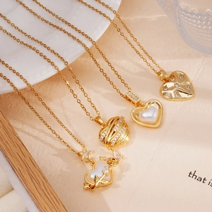 Heart Pendant Necklace With 18K Gold Plated Copper Zircon Shell And Faux Artificial Pearl For Women Elegant Fashion Jewelry