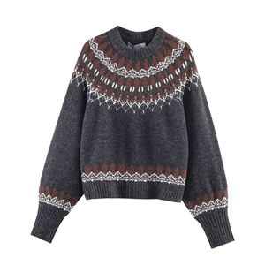 Women Vintage Fair Isle Sweater Geometric Jacquard Knit Pullover Round Neck Long Sleeve Casual Soft Warm Jumper Tops