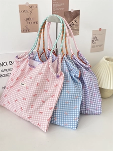 Cotton Canvas Tote Bag Large Capacity Gingham Plaid Pattern Bowknot Print Sweet Japanese Zakka Style Shoulder Bag Women