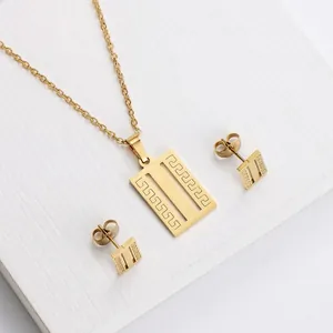 Golden titanium steel jewelry set with Greek key pattern necklace and stud earrings