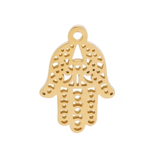 Detailed view of golden Hamsa Hand pendant with intricate hollow patterns for jewelry DIY