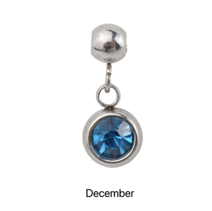 Macro detail of silver December birthstone charm with round blue crystal inlay