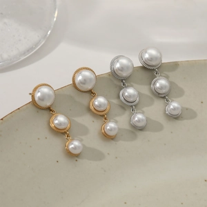 Elegant Tiered Imitation Artificial Pearl Drop Earrings Stainless Steel Vintage Vertical Dangle Jewelry For Women