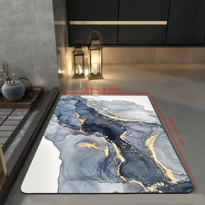 Blue and gold marble pattern bath mat showing 50x80cm dimensions in modern bathroom