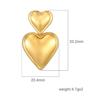 Polished gold double heart dangle earrings in high-quality stainless steel for women