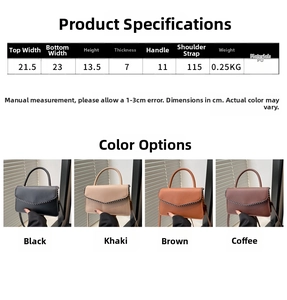 Detailed view showing dimensions and four color options of this minimalist square PU handbag