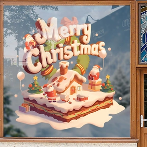 Stickers de fenêtre de Noël 3D avec Père Noël, maison enneigée et texte de fête
