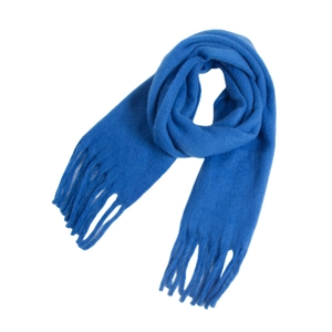 Detail shot of soft blue mohair scarf fabric with long classic tassels on white background