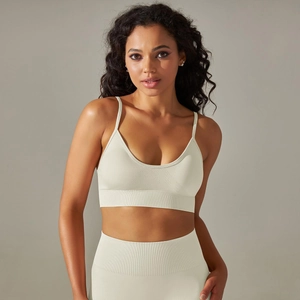 Detailed close-up of seamless ribbed texture and U-neck straps on a beige yoga bra