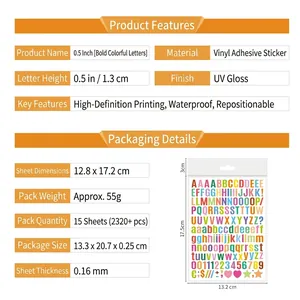 Detailed infographic showing 0.5 inch waterproof vinyl letter stickers specifications