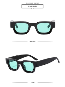 Front and side views of black square sunglasses with green lenses in retro style