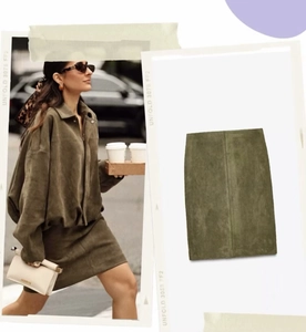 Detailed view of women military green faux suede jacket and matching straight mini skirt