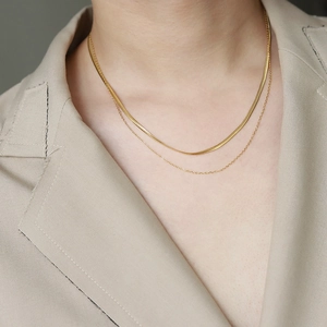 Detail einer goldnen Schlangenkette und O-Kette an einem Model im beigen Anzug