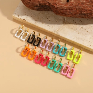 Colorful geometric earring set with gold zircon hoop and rectangular drop pendants