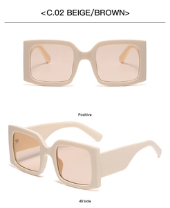 Front and side view of beige square sunglasses with brown gradient lenses and wide temples