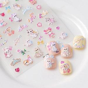 Detail of TS-868 5D nail art stickers with embossed cartoon cats and rabbits on fake nails