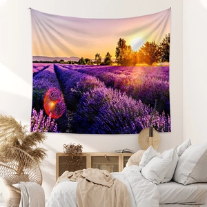 Bohemian lavender field sunset tapestry hanging in a cozy modern bedroom setting