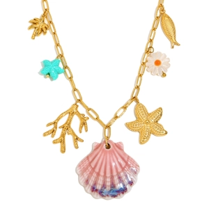 Collier trombones doré à l'or 18K avec pendentifs étoile de mer et coquillage de plage