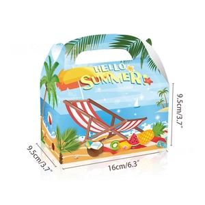 Close-up of Hello Summer candy gift box with beach illustrations and handle, 16x9.5cm