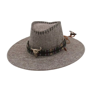 Western cowboy sun hat with bull skull accessory and ethnic woven band in taupe