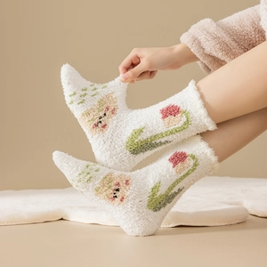 Thick coral fleece crew socks with cute bear and tulip embroidery for winter warmth