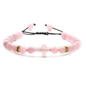 Pink natural stone cross beaded bracelet with black adjustable woven rope and gold accents