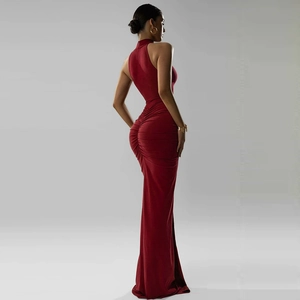 Detailed back view of sleeveless wine red bodycon dress with ruching and zipper detail