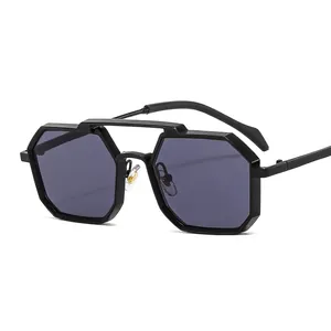 Unisex punk octagon metal sunglasses with stylish geometric frame and dark grey lenses