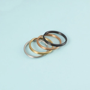 Polished stainless steel double loop keyrings in silver, gold, black, and rose gold finishes
