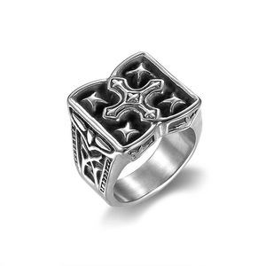 Vintage stainless steel ring for men with cross star relief in antique silver finish