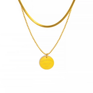 Double-layered 18k gold plated titanium steel necklace with engraved round pendant