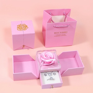 Pink preserved flower jewelry gift box set with necklace and earrings packaging