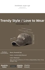 Dettaglio del cappello vintage in cotone con ricamo Brooklyn e misure dimensionali
