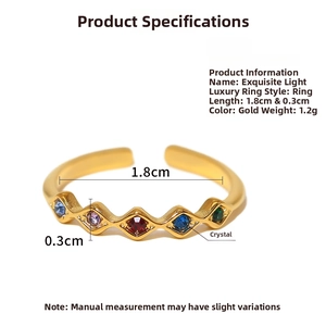 Detail view of gold adjustable ring with multicolor diamond-shaped crystals and dimensions