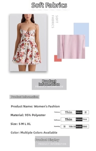 Detailed chart showing size S to XL and floral fabric texture for summer sundress