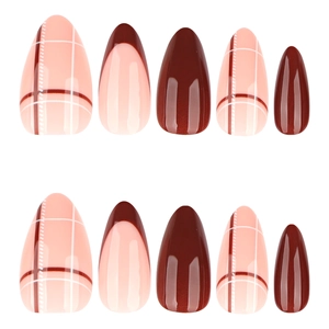 French style press-on nails in deep red and plaid designs with long almond shape