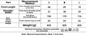 Size chart for faux fur coat detailing chest, length, and sleeve measurements in cm