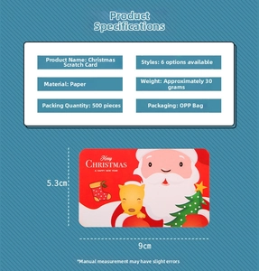 Detailed specifications of paper Christmas scratch cards with dimensions 5.3x9cm
