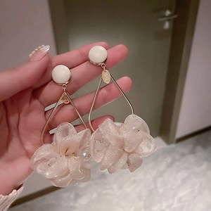 Large Fabric Floral Drop Earrings With 925 Sterling Silver Earring Post Alloy Geometric Frame Sweet Elegant For Women