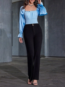 Women's blue satin long sleeve bodysuit with square neck and black slim pants