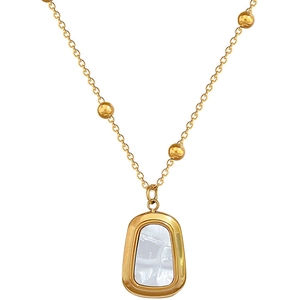 Minimalist gold titanium steel necklace featuring shell pendant and beads on white background
