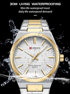 Close-up of Curren quartz watch with 30m water resistance and dynamic water splashes